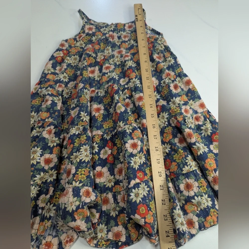 Bonton Paris Girls Calypso Floral Midi Dress 70s Navy Blue Lurex Tiered Size 4